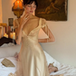 Gentle Apricot A Line V Neck Lace Tulle Satin Long Prom Dress Outfits SH4980