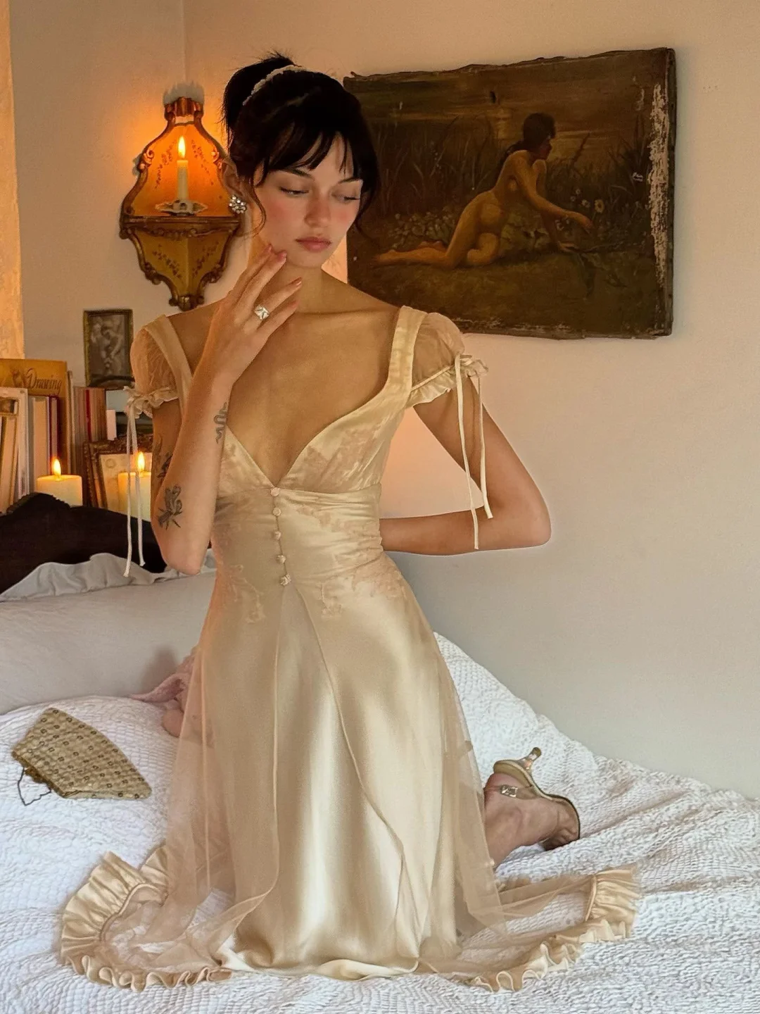 Gentle Apricot A Line V Neck Lace Tulle Satin Long Prom Dress Outfits SH4980