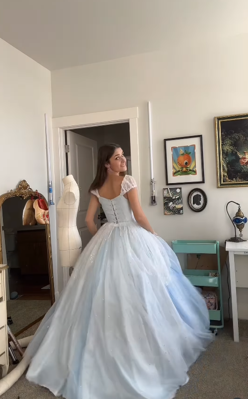 Baby Blue A Line Puff Beaded Embroidery Tulle Satin Prom Dress Evening Dress SH4879