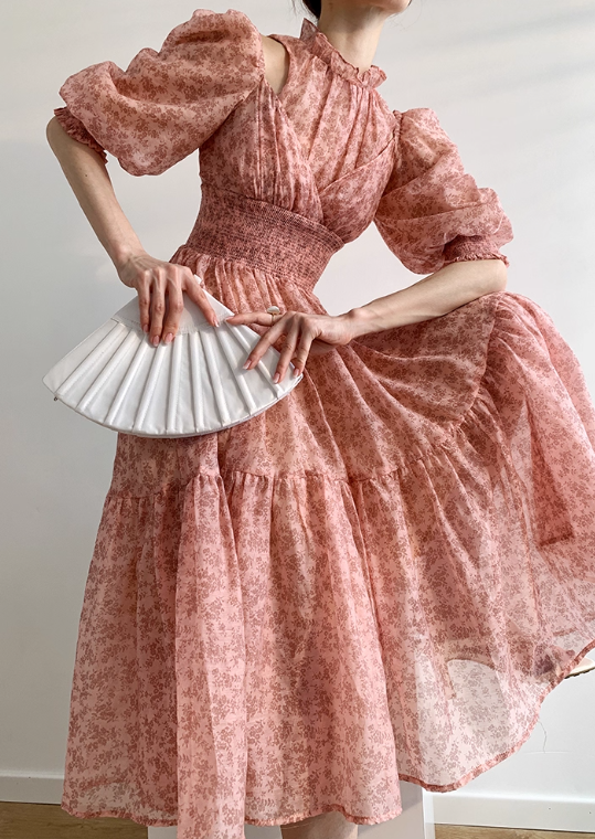 Pink A Line Puff Print Floral Chiffon Prom Dress Outfits SH4730