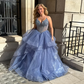 Blue A Line Spaghetti Strap Beaded Corset Ruffle Tulle Long Prom Dress Evening Dress SH8828