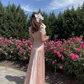 Gentle Light Pink A Line Puff Lace Satin Prom Dress Outfits SH4866