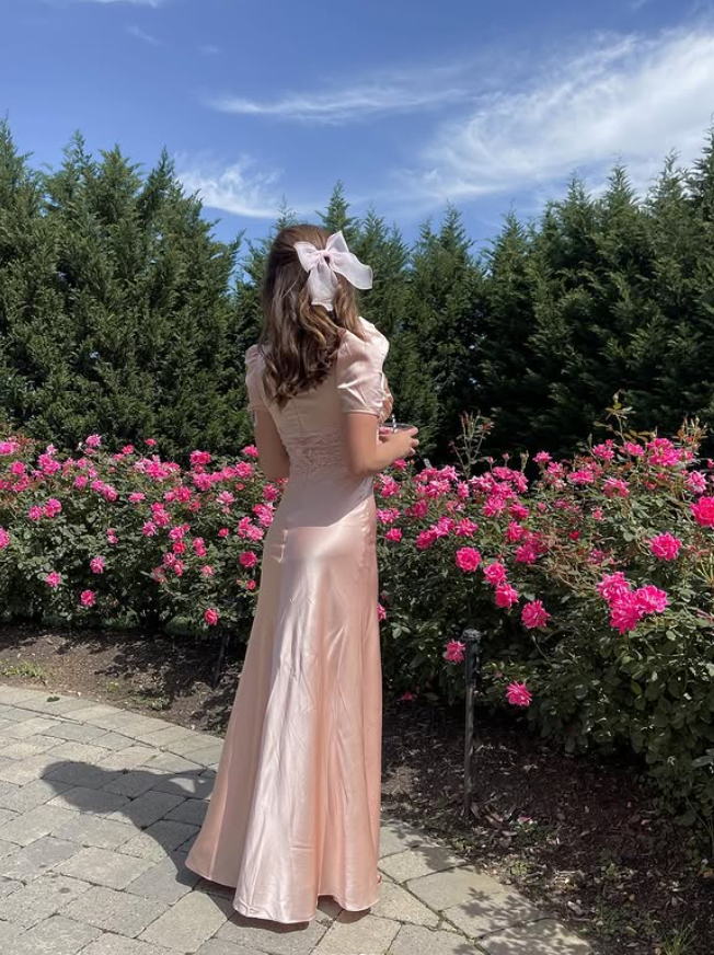 Gentle Light Pink A Line Puff Lace Satin Prom Dress Outfits SH4866