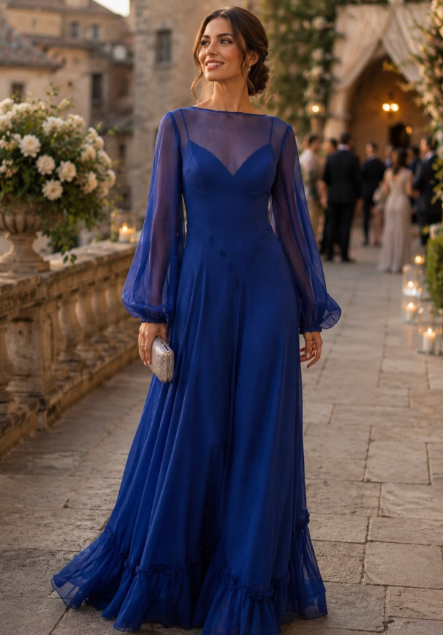 Elegant A Line Long Sleeve Chiffon Prom Dress Evening Dress SH6351