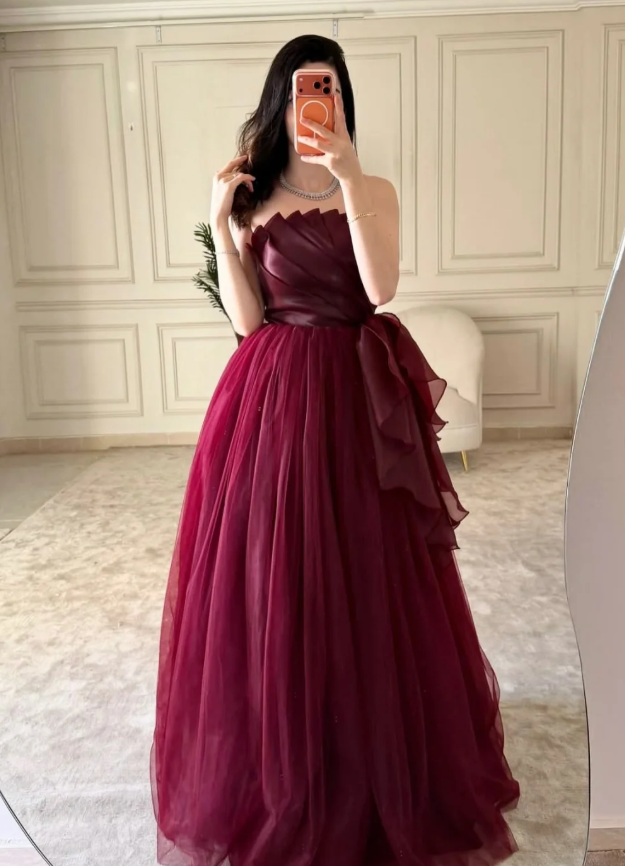 Elegant Burgundy A Line Strapless Pleated Organza Tulle Long Prom Dress Evening Dress SH7306