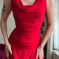 Simple Red A Line Pleated Satin Prom Dress Evening Dress Date Dress SH5632