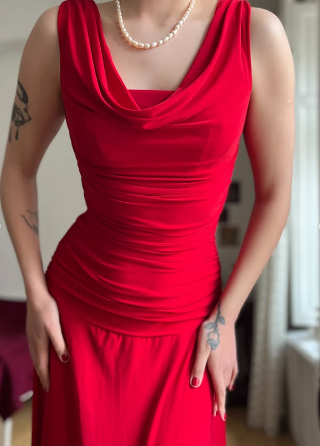 Simple Red A Line Pleated Satin Prom Dress Evening Dress Date Dress SH5632