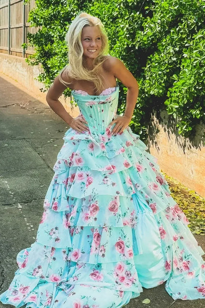 Pretty A Line Sweetheart Mint Green Corset Prom Dress with Appliques Ruffles SH7783