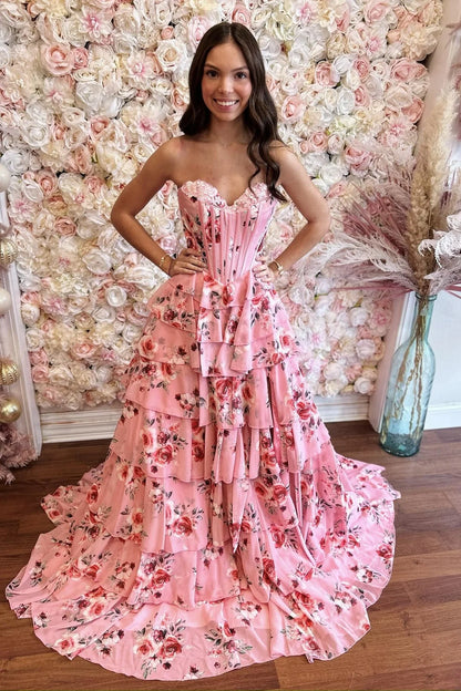 Pretty A Line Sweetheart Pink Corset Prom Dress with Appliques Ruffles SH7784