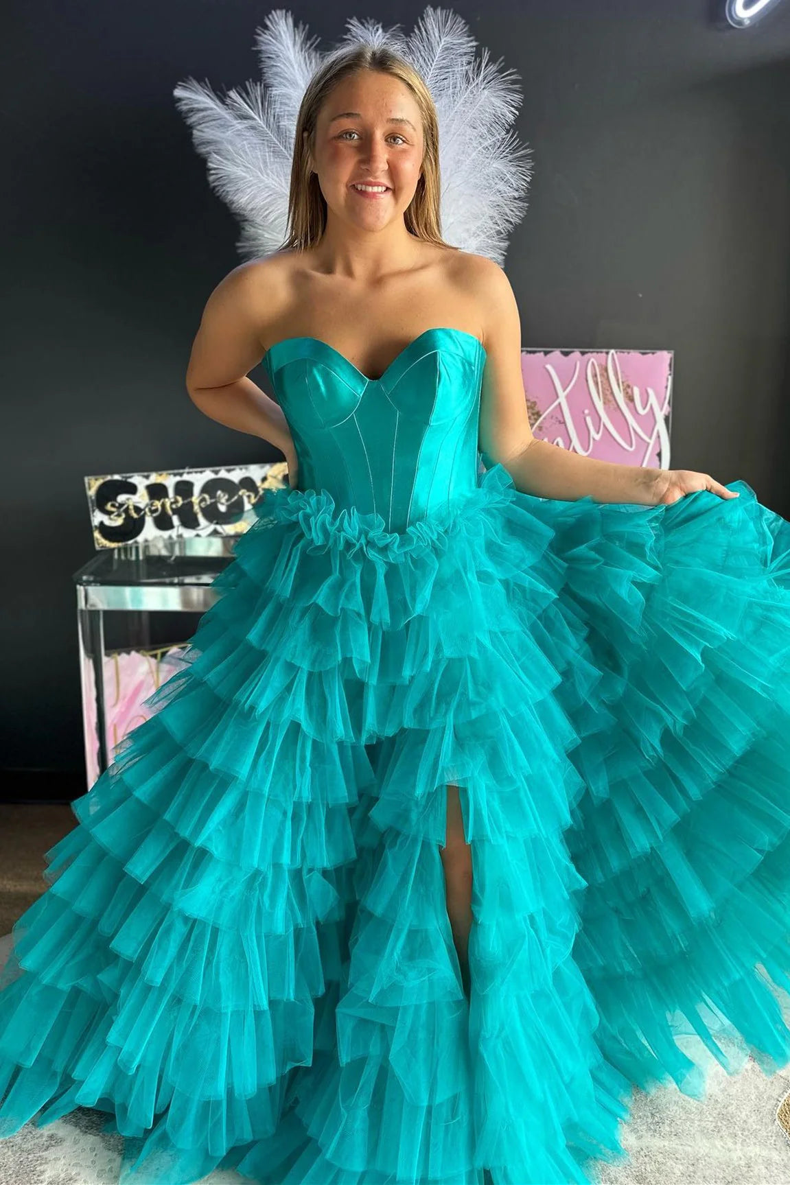 Black A Line Sweetheart Neck Layered Satin Tulle Long Wedding Guest Dress Evening Dress with Slit SH2920