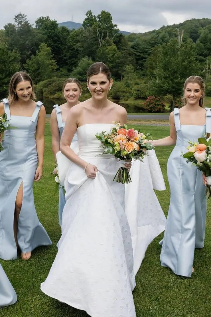 Mermaid Straps Bows Pleats Satin Sleeveless Long Bridesmaid Dress with Slit SH6291