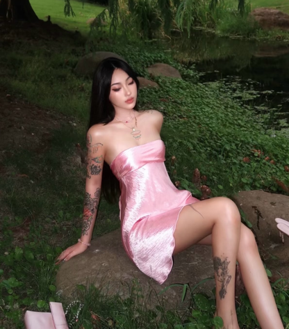 Cute A Line Strapless Pink Satin Short Prom Dress Homecoming Dress SH8811