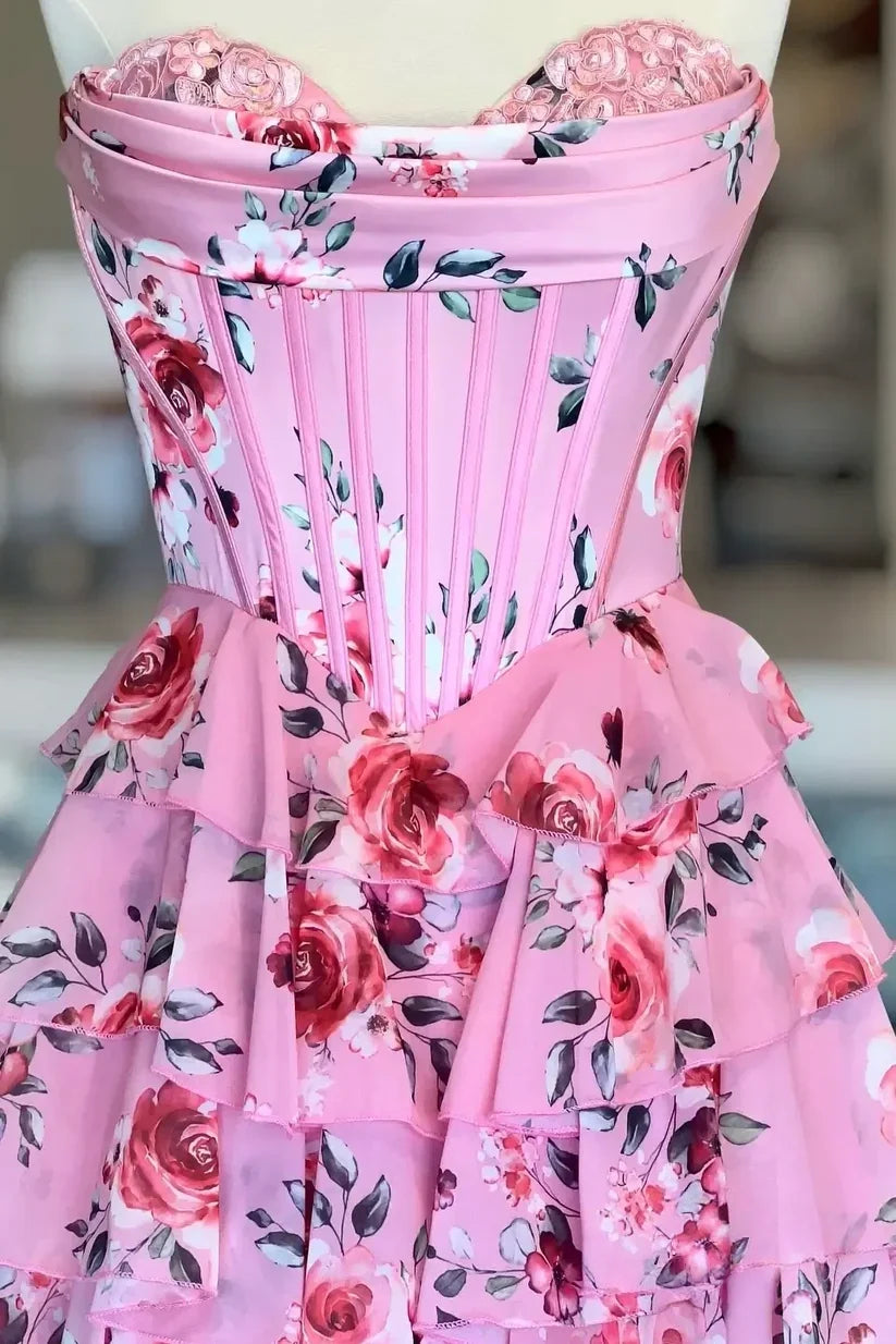Pretty A Line Sweetheart Pink Corset Prom Dress with Appliques Ruffles SH7784