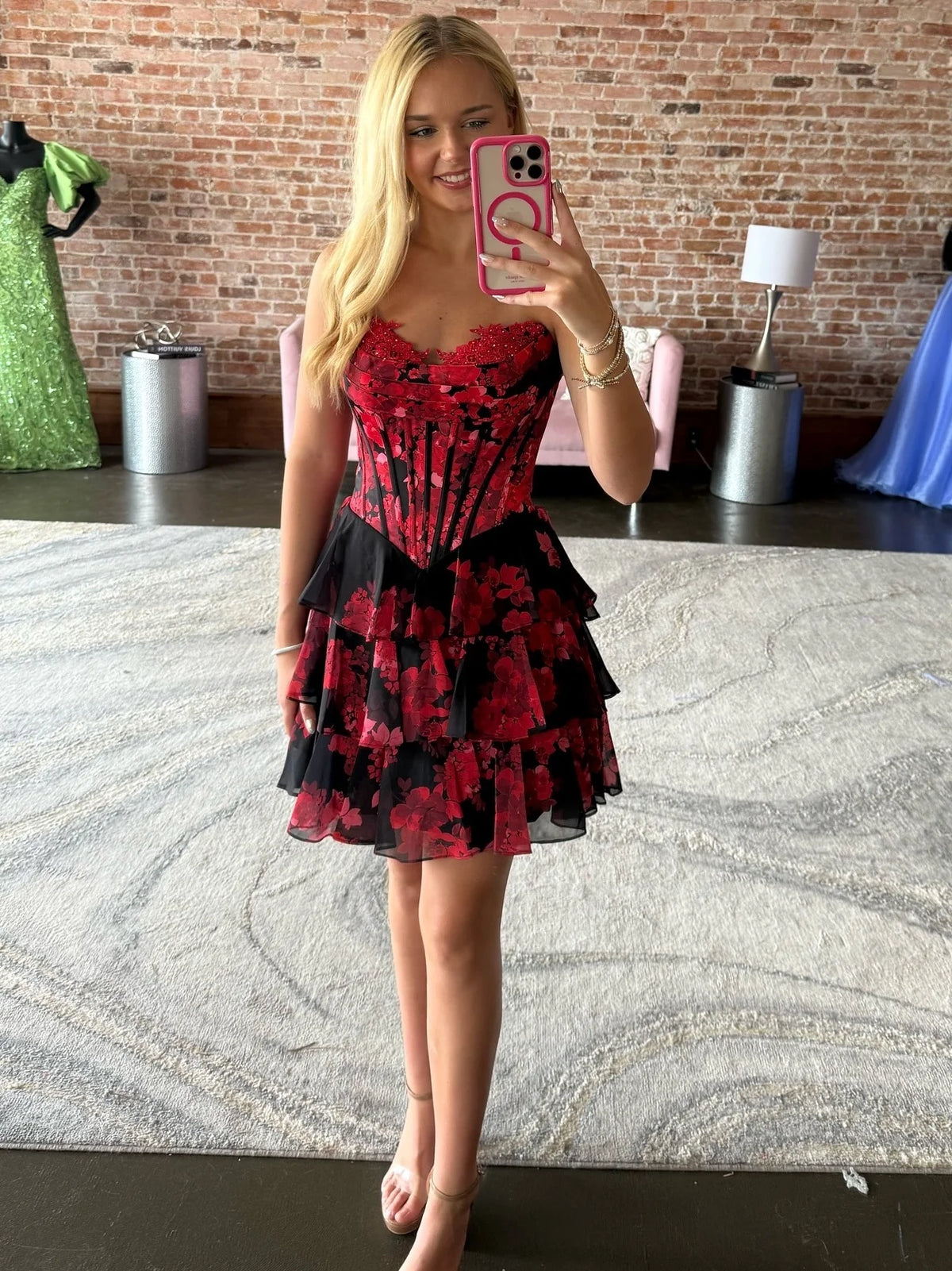 Chic A Line Sweetheart Red Printed Short Homecoming Dress with Ruffles SH7982