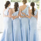 Light Blue One Shoulder Satin Sheath Long Bridesmaid Dresses SH6296