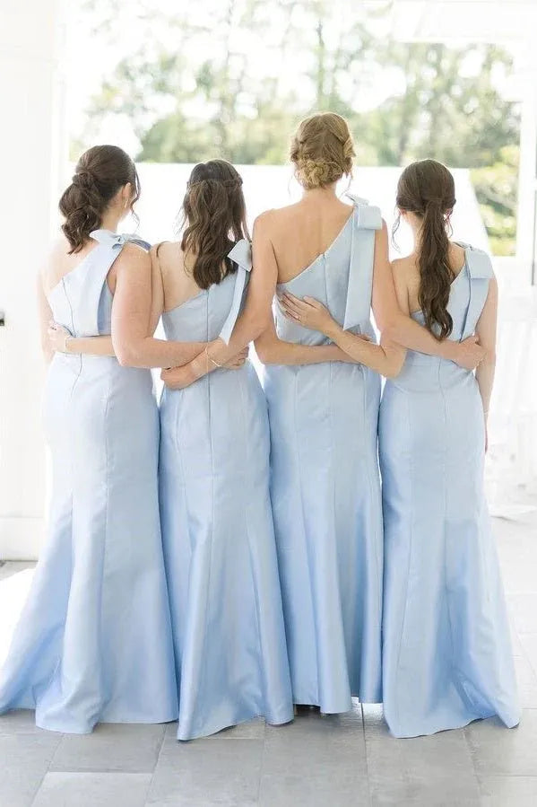 Light Blue One Shoulder Satin Sheath Long Bridesmaid Dresses SH6296