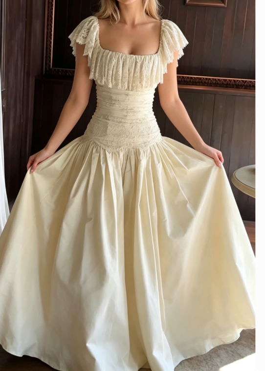 Vintage Ball Gown Straps Lace Satin Long Wedding Dress SH7091