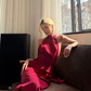 Sexy Burgundy A Line Halter Lace Satin Open Back Prom Dress Wedding Guest Dress SH4465