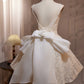 A Line V Neck Lace Bow Tulle Short Prom Dress Homecoming Dress SH1687