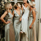 Sheath V Neck Sage Green Silk Satin Bridesmaid Dress with Bow SH6293