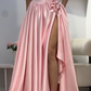 Pink A Line Sweetheart Neck Pleated Satin Prom Dress Wedding Guest Dress with Slit SH4439