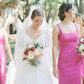 Sheath Square Neck Fuchsia Satin Bridesmaid Dresses with Bow SH6290
