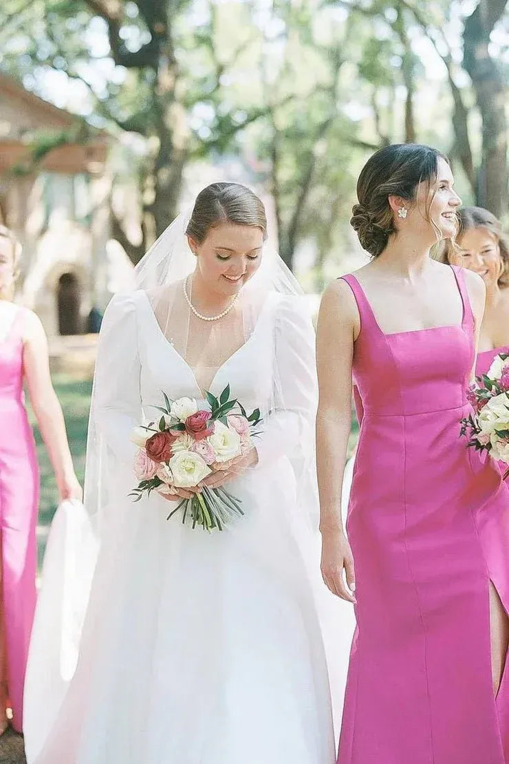 Sheath Square Neck Fuchsia Satin Bridesmaid Dresses with Bow SH6290