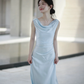 Gentle Baby Blue Sheath Straps Pleated Satin Prom Dress Evening Dress SH4215