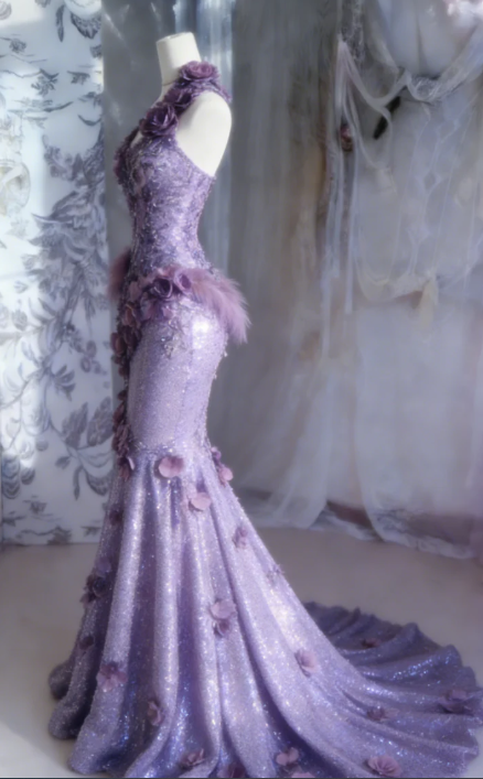 Gentle Purple Mermaid Halter Appliques Ruffle Sequin Long Prom Dress SH5427