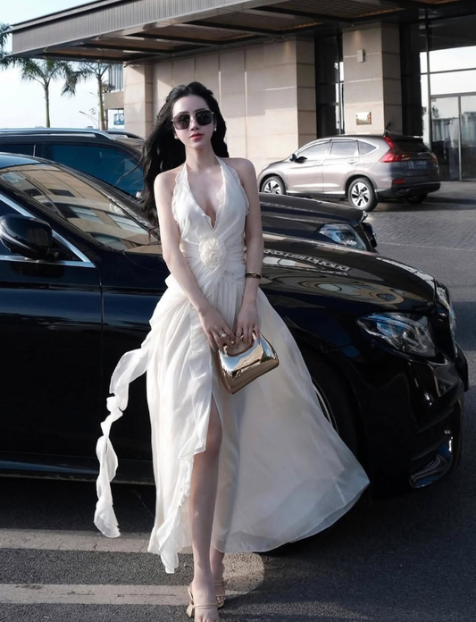 Simple White A Line V Neck Chiffon Open Back Long Prom Dress Date Dress SH4677