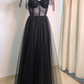 Elegant Black Sweatheart Neck Slit Long Prom Dress Lace Tulle Evening Dress SH615