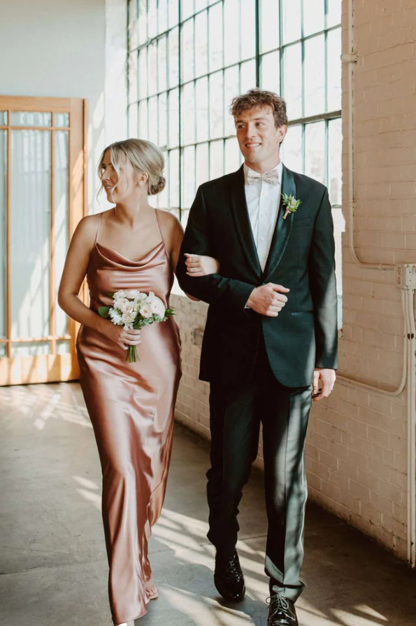Croal Pink Silk Satin Spaghetti Strap Sheath Long Bridesmaid Dresses SH5589