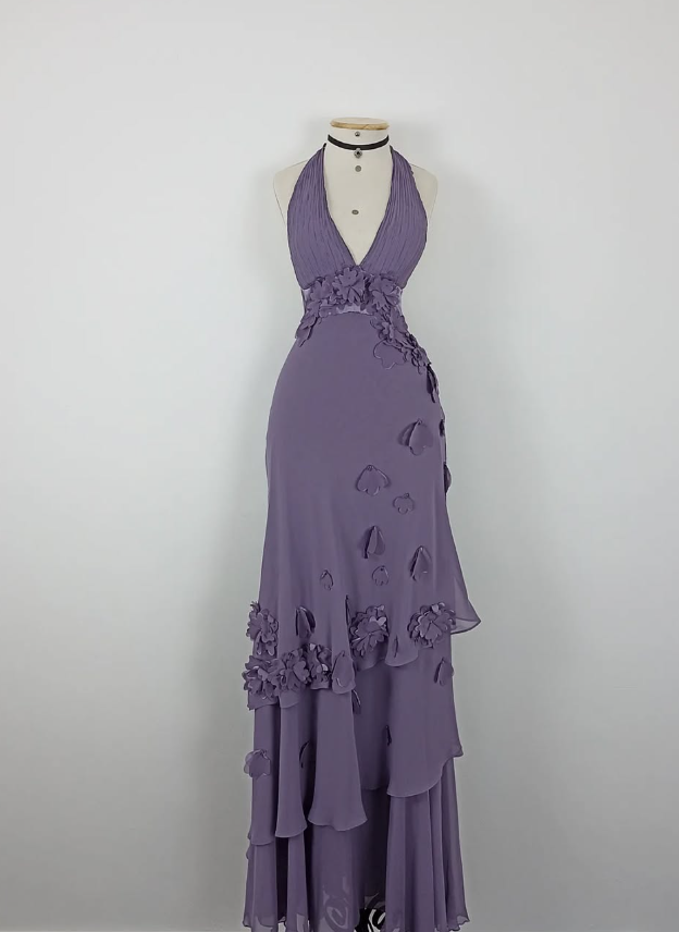 Retro A Line Halter Flower Purple Chiffon Open Back Evening Dress Party Dress SH3167