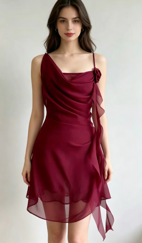 Burgundy A Line Spaghetti Strap Floral Chiffon Short Party Dress Homecoming Dress Outfits SH3601