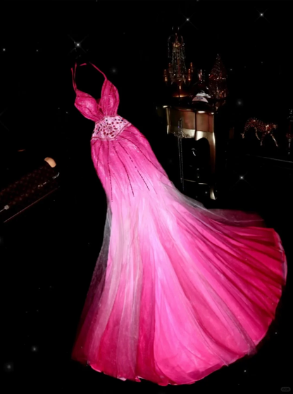 Vintage Pink Ombre Mermaid Halter Beaded Satin Tulle Prom Dress Party Evening Dress SH5895