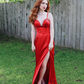 Charming Sheath Spaghetti Strap Rhinestone Red Satin Long Evening Dresses Party Dresses with Slit SH2676