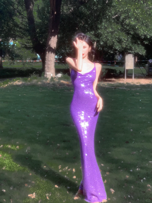 Sexy Shiny Purple Mermaid Straps Sequin Long Prom Dress Vacation Dress SH4318