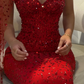 Sexy Red Sheath Strapless Beaded Tulle Prom Dress SH4567
