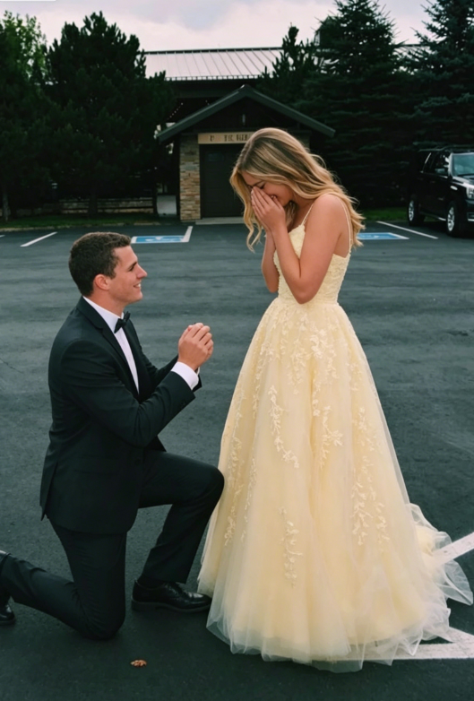 Hot Yellow A Line Straps Lace Tulle Long Prom Dress Graduation Prom Dress SH046