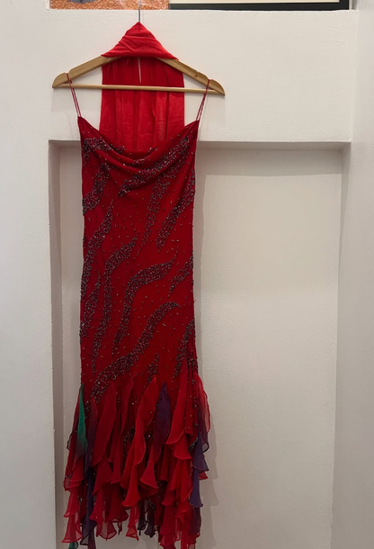 Vintage Sexy Black Beaded Burgundy Ruffle Chiffon Prom Dress Party Dress SH4885