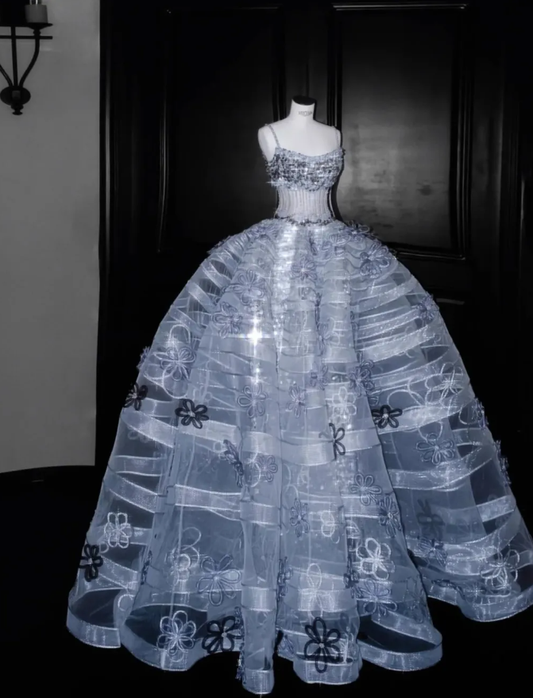 Exquisite Appliques Ball Gown Spaghetti Strap Sequin Grey Tulle Prom Dress Evening Dress Party Dress SH3616