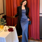 Simple Blue Mermaid Spaghetti Strap Satin Long Prom Dress Vacation Dress SH4316
