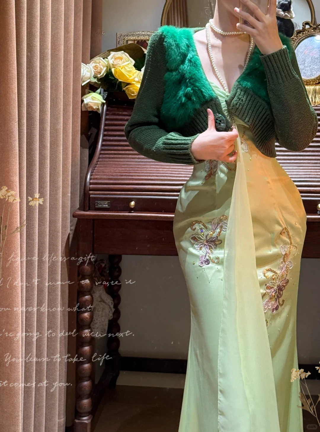 Green Mermaid Spaghetti Strap Beaded Chiffon Satin Long Prom Dresses SH4632