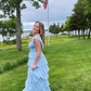Fairy Sky Blue Sequare Neck Tiered Tulle Evening Dress Long Prom Dress SH1053
