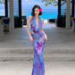 Two Piece Mermaid Halter Purple Print Floral Chiffon Long Prom Dress Outfits SH4332