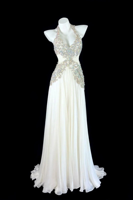 Vintage Elegant A Line Halter Beaded White Chiffon Prom Dress SH5142