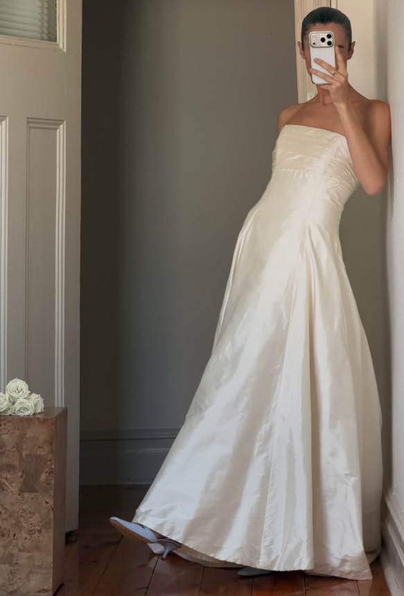 Vintage A Line Strapless Simple Ivory Satin Long Wedding Dress SH8476
