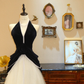Classic A Line Halter Pearl Black Velvet White Tulle Prom Dress Evening Dress SH7362