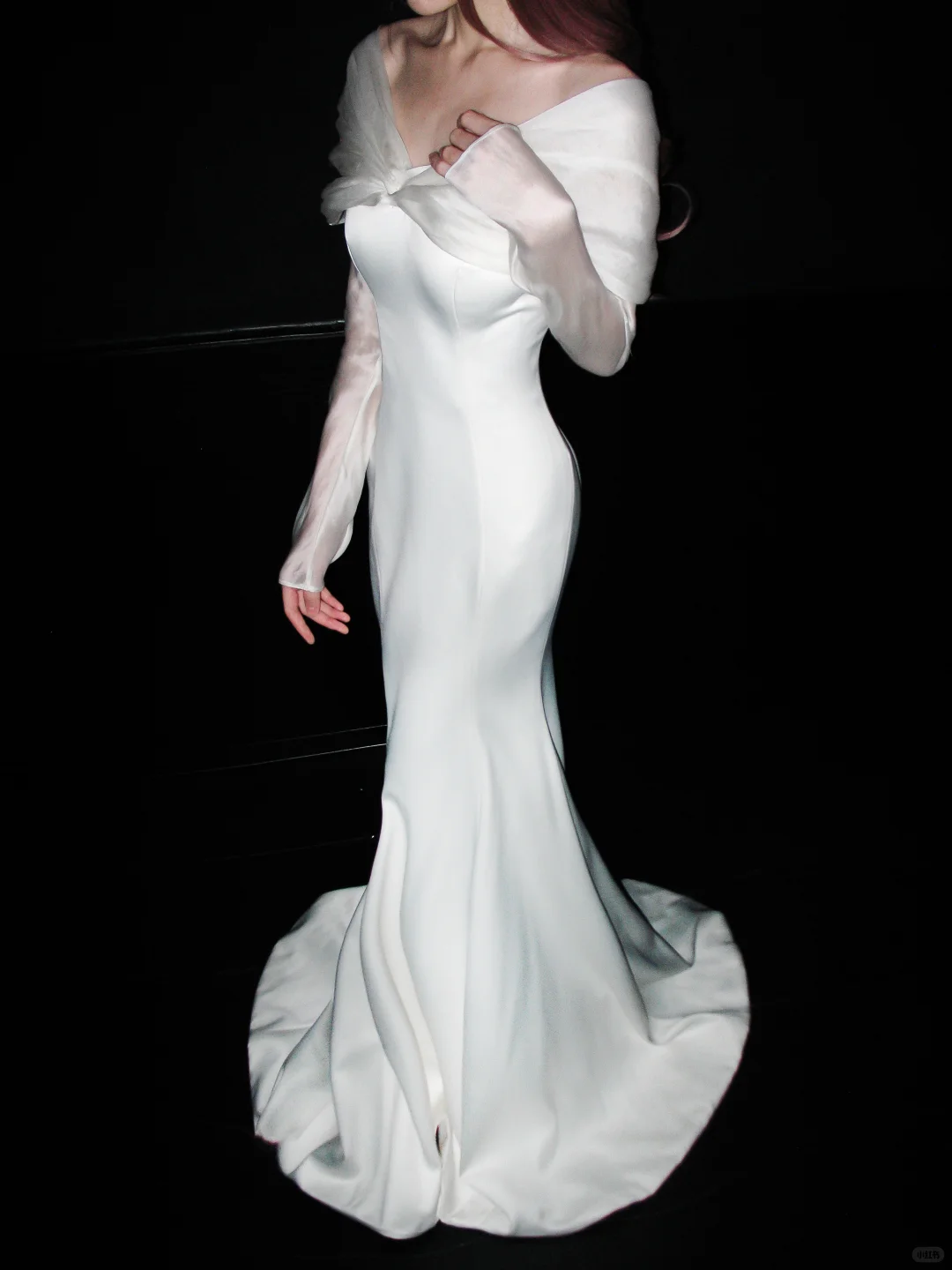 Elegant Mermaid Long Sleeve White Satin Long Sweep Wedding Dress SH5227