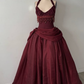 Vintage Burgundy Halter Beaded Satin Long Prom Dress Party Dress SH5531